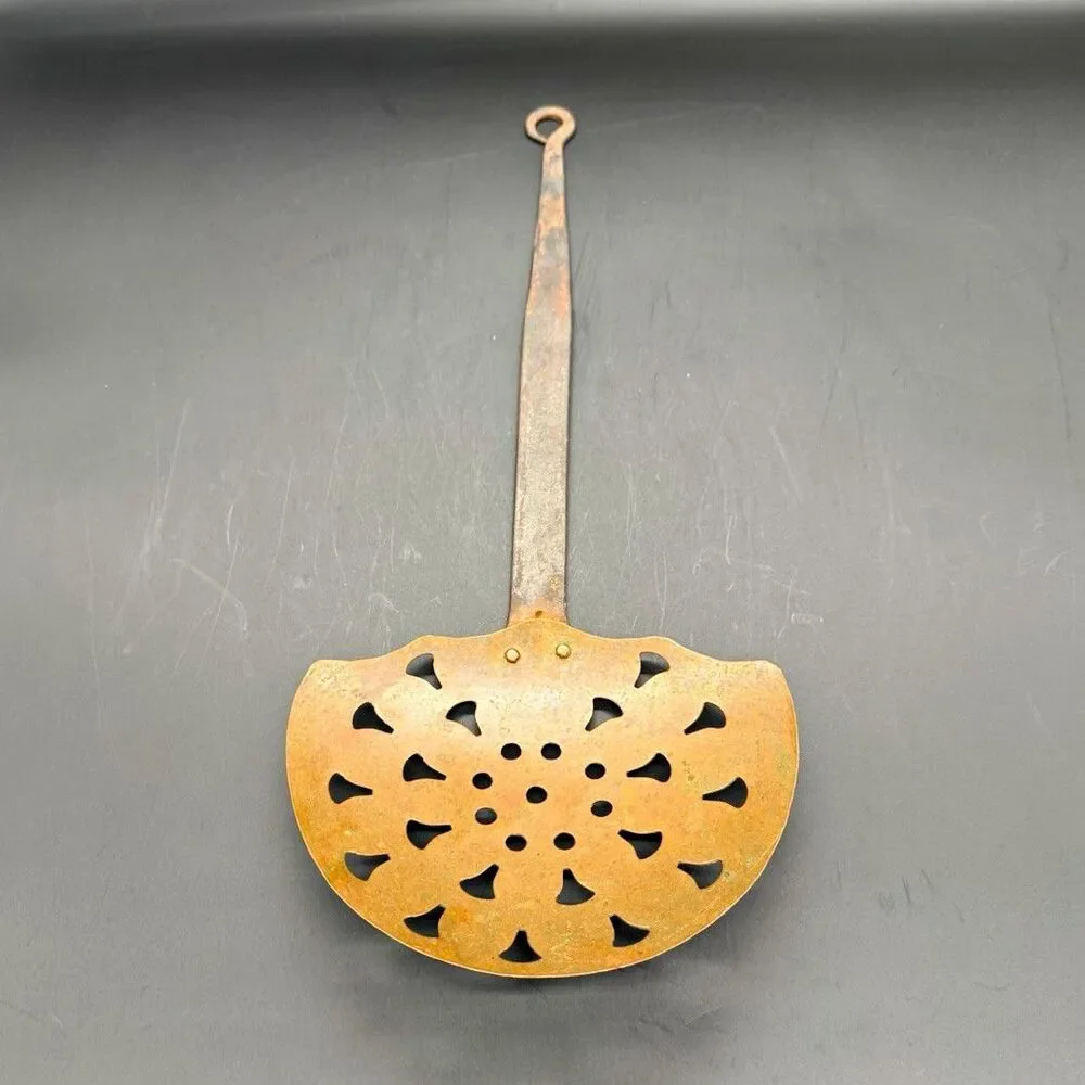 Antique Metal Skimmer Hearth Strainer Spoon, Cutout, Hanging Loop, Copper